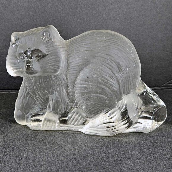 Viking Accents Vintage Viking Glass Clear Crystal Satin Raccoon Figurine Paperweight Bookend
